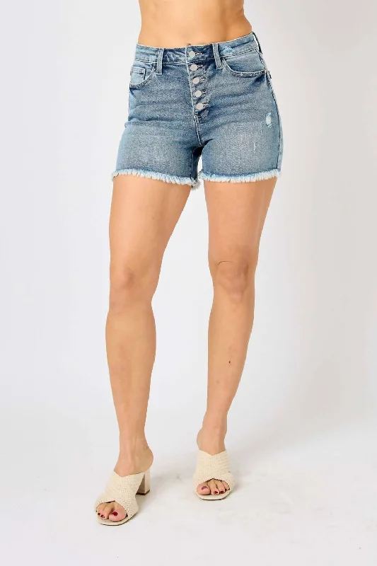 Plath Button Fly Hi-Lo Denim Shorts In Blue