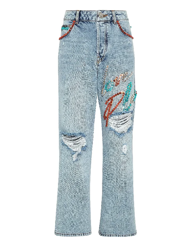 Denim Trousers Super Loose Fit Studs with Crystals