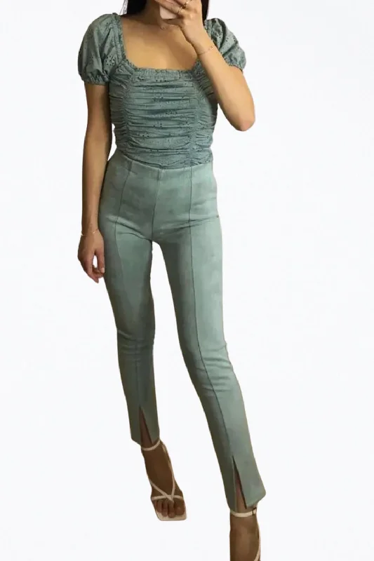 High-Rise Vegan Suede Split-Hem Pants In Mint Green