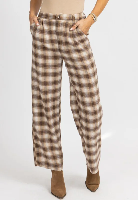 Plaid Print Straight Leg Pants In Mocha