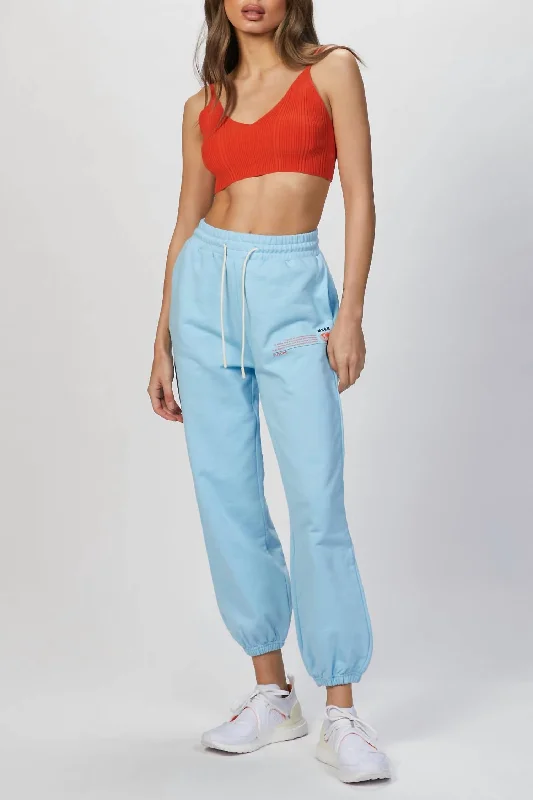 Slogan Print Track Pant In Light Blue