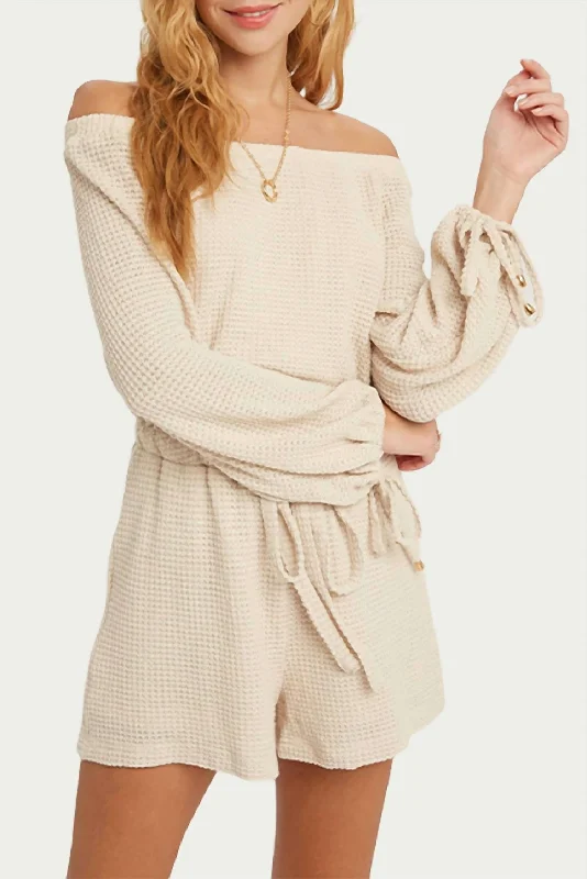 Waffle-Knit Off-The Shoulder Romper In Oatmeal