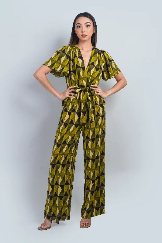 Citron Green Abstract Print Flutter Sleeve Jumpsuit