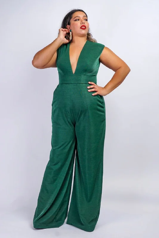 Emerald Luxe Sheen V Neck Aiden Jumpsuit