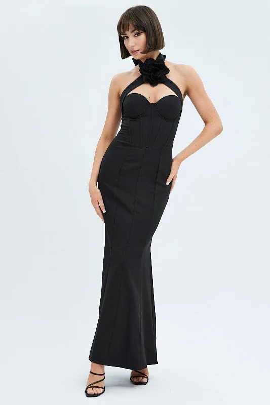 Black Detachable Rosette Brooch Statement Maxi Dress