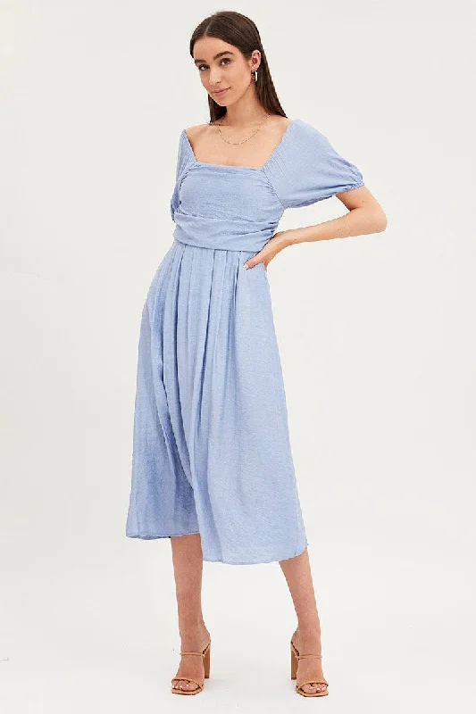 Blue Midi Dress Evening Square Neck