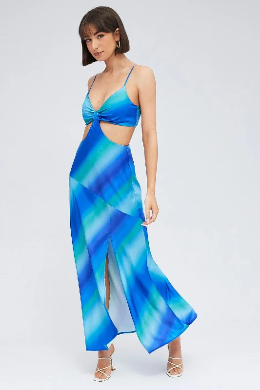 Blue Print Strappy Dress Maxi Ombre Cut Out Satin