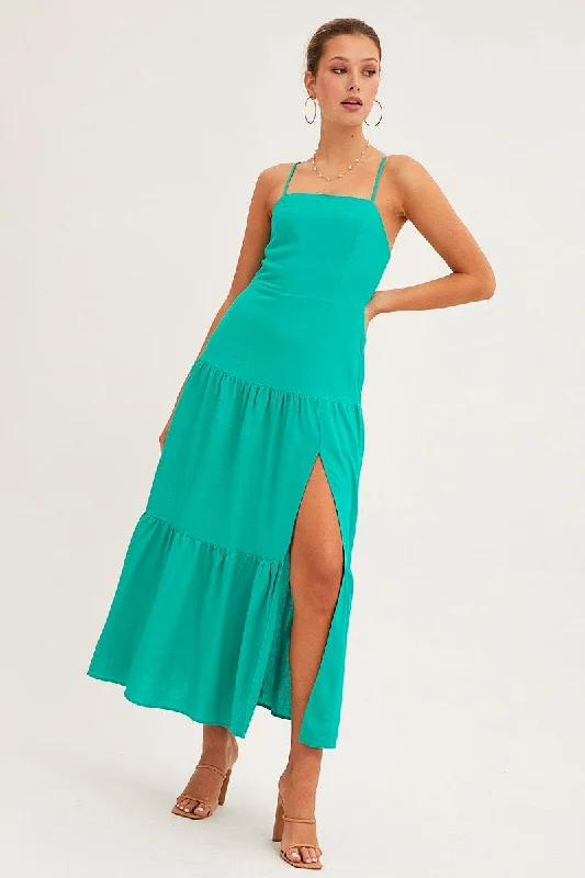 Green Maxi Dress Sleeveless Square Neck Linen Blend