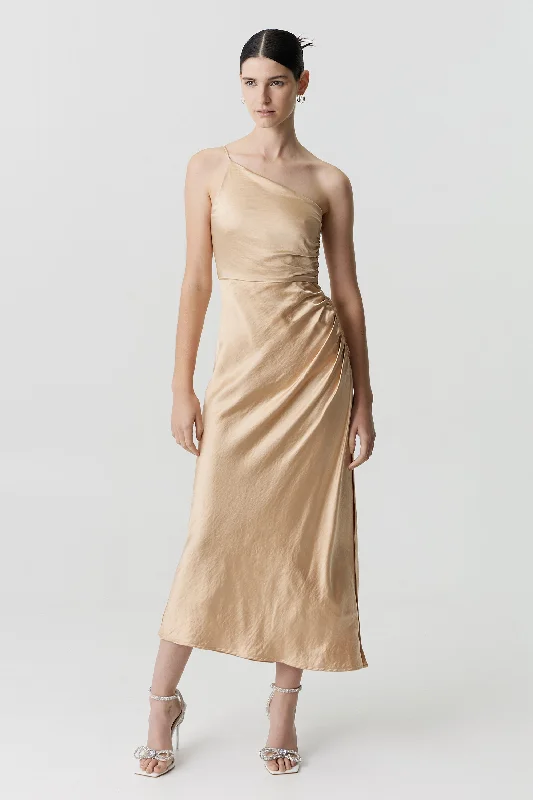 Third Form Satin Gather One Shoulder Dress - Sand