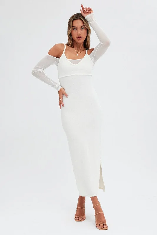 White Maxi Dress Long Sleeve Cold Shoulder Mesh Textured