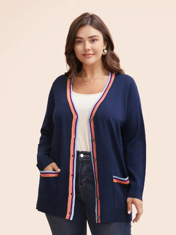 Contrast Striped Trim Patch Pocket Cardigan