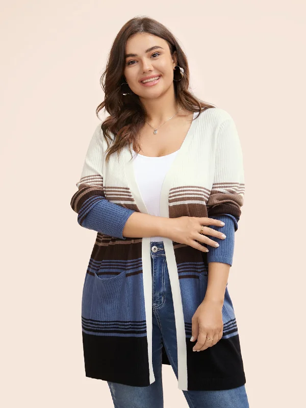 Striped Contrast Wool Blend Patched Pocket Cardigan